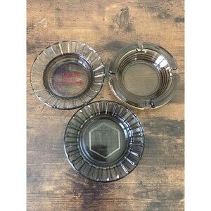 3 Vintage Smoke Gray Glass Ashtrays Round